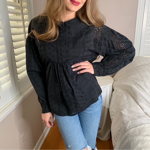 3 LEFT XS-M Chic Spring Black Eyelet Long Sleeve Blouse Shirt Top - Picture 3 of 5